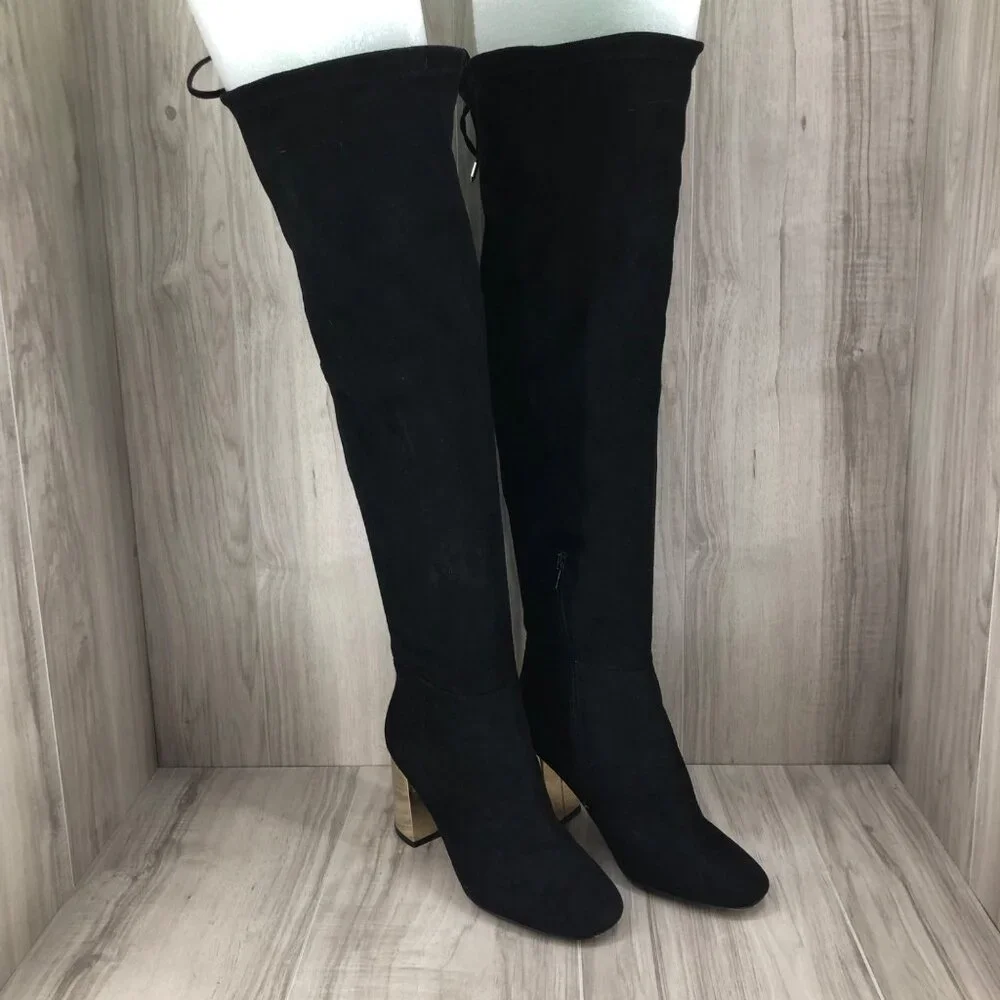 New Look OTK Boots Womens EU 39 Black Faux Suede Pull On Over The Knee